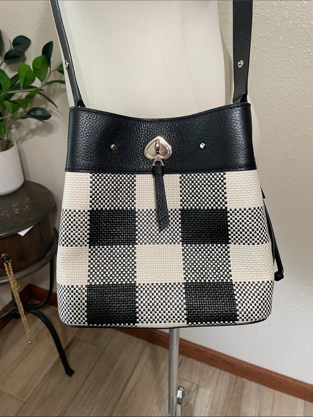kate spade Marti small Black and White Buffalo Check Crossbody Bag
